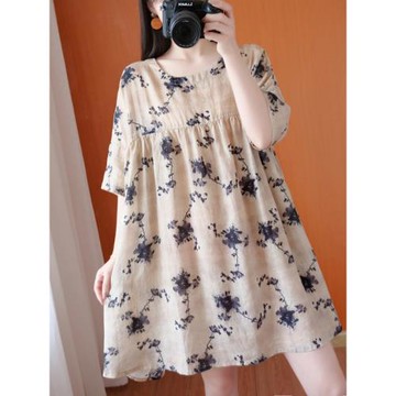 專柜正品清貨高端2025夏季寬松大碼文藝中長裙棉麻碎花短袖連衣裙