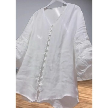 17061L_重工刺繡白色七分袖襯衫女夏季薄款大碼胖mm寬松顯瘦t恤百搭上衣