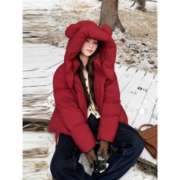 本命新年紅色短款羽絨服女冬2025新款熊耳朵連帽白鴨絨面包服外套