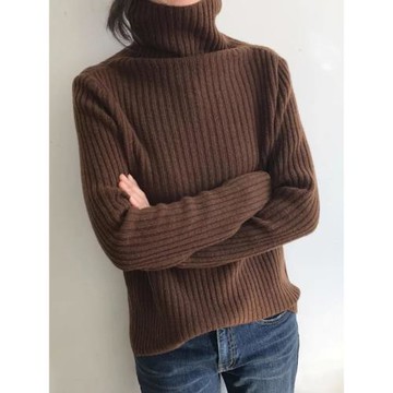 高領坑條咖啡色100純山羊絨衫女秋冬季加厚針織打底歐貨高端毛衣