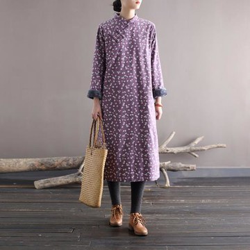 淡墨冬裝民族風復古碎花斜襟盤扣加絨連衣裙立領加厚棉袍長款棉衣