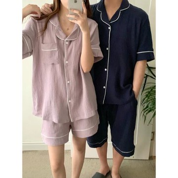 情侶裝純色純棉睡衣套裝男女夏季短袖短褲休閑簡約兩件套家居服薄