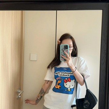 100%純棉T恤Kitty餅乾印花短袖ins夏季寬鬆上衣百搭潮流外穿女生上衣 圓領短袖 大學t