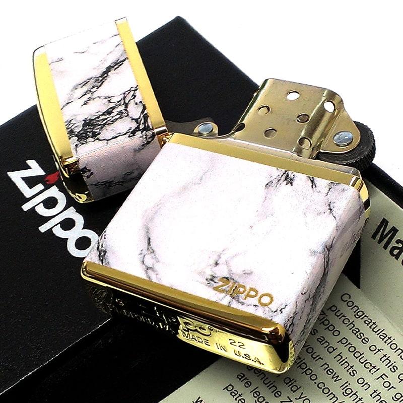 ZIPPO ライター ロゴ ジッポー ゴールド ホワイト 金タンク 4面加工 大理石 Marble Logo かっこいい おしゃれ メンズ ギフト プレゼント