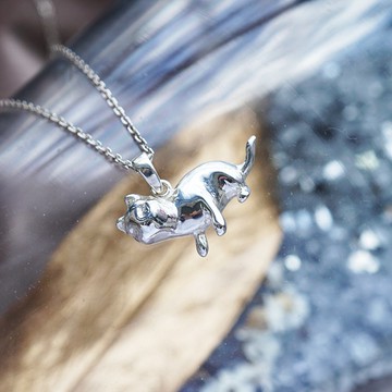 貓咪咕嚕姿勢-神探-半立體造型動物純銀項鍊-剪影立體(單條價)