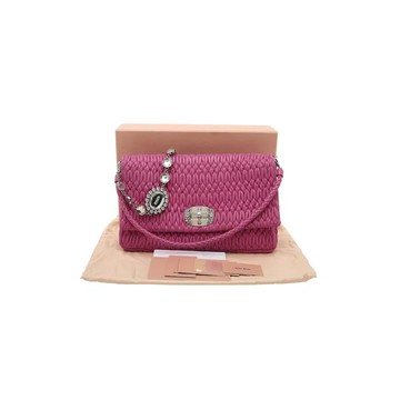 MIU MIU RP0169 NAPA 皮革經典褶皺翻蓋包水晶寶石鍊條包