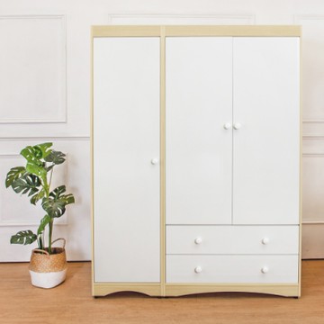 Birdie南亞塑鋼-4.7尺三門二抽塑鋼衣櫃組合(三吊桿)(白橡色+白色)-143x58x190cm