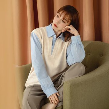 OB嚴選-假兩件半開襟拼接襯衫背心上衣《AB20815-》