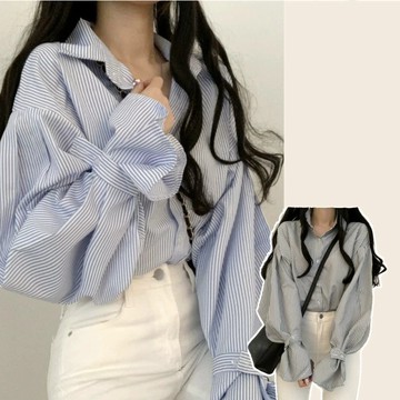 條紋襯衫 燈籠袖上衣 韓版學院風 春季襯衫 寬鬆襯衫 長袖春季新韓版學院設計寬鬆百搭小眾燈籠條紋襯衫上衣