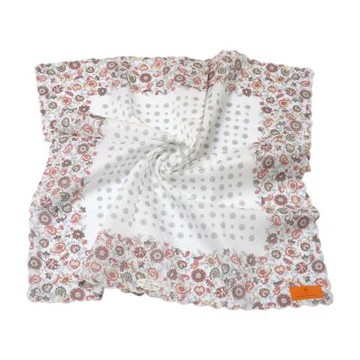 UNITED ARROWS 佩斯利荷葉蕾絲邊品牌圖騰LOGO大帕領巾(白底/55CM)