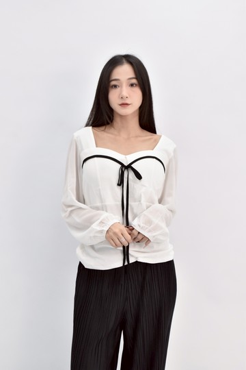 (M) 棉質撞色繫帶白色長袖上衣