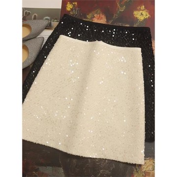 羊毛毛呢半身裙女2025新款秋冬黑色小香風亮片小個子顯瘦a字短裙