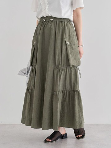 抽繩抓褶分層拼接側口袋長裙(06000392000) - Green Parks