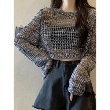 大碼女裝鏤空防曬長袖針織罩衫夏季薄款胖mm寬松辣妹疊穿短款上衣