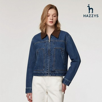 【HAZZYS】女款石洗牛仔藍燈芯絨撞色翻領短版牛仔夾克 YBYUC160
