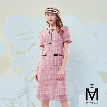 MYVEGA麥雪爾 MA金蔥線鏤空格紋長洋裝-桃粉
