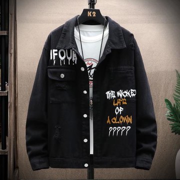 春秋季潮流男士印花牛仔夾克外套寬松時尚潮牌青少年百搭帥氣上衣