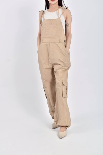 (F) mouggan高腰質感吊帶棉質寬鬆棕色長褲