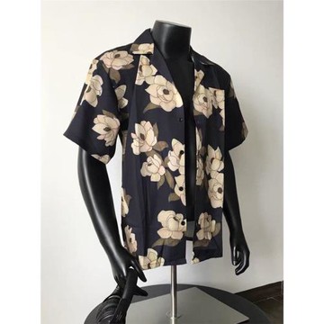 黑色古巴領短袖襯衫男夏季防嗮冰絲速干花襯衣夏威夷度假情侶外套