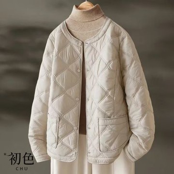 初色 圓領單排扣輕暖菱格壓紋長袖科技羽絨棉外套女外套-灰色-38656(M-2XL可選)