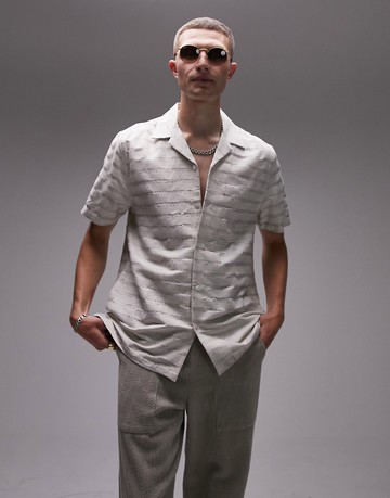 Topman short sleeve regular revere textured stripe shirt in stone-Neutral