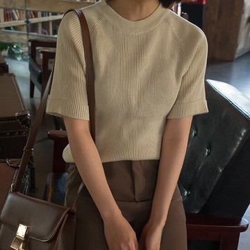 春夏新款韓版坑條紋短袖t恤女卷邊針織打底衫純色上衣1入