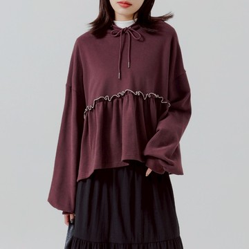 QUEENSHOP_F 女裝 長袖 配色木耳邊剪接磨毛連帽上衣 兩色售 現+預 【01099154】