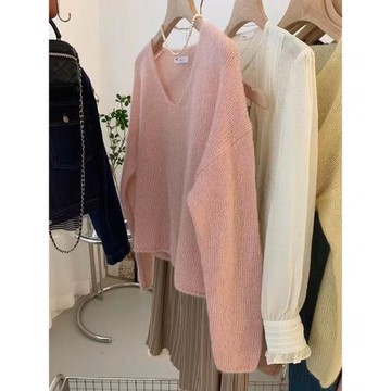 粉色v領馬海毛針織毛衣女春季新款慵懶風百搭寬松溫柔高級感上衣