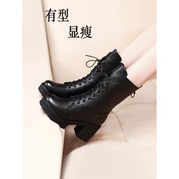 真皮馬丁靴女短靴2025秋冬新款中筒靴粗跟單靴高跟靴子女士冬女靴
