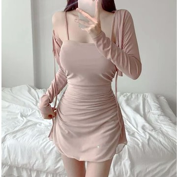 S.T SHOP現貨當天寄9156純慾內杯細肩腰身網紗洋裝+綁繩外罩SET 連身洋 套裝 吊帶洋 罩杯洋裝 短洋 性感