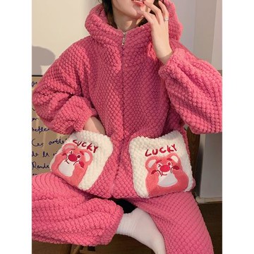 連帽睡衣女秋冬季天2023新款珊瑚絨加厚加絨法蘭絨可愛保暖家居服