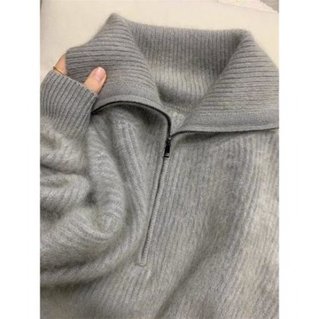 高級感超好看灰色高領半拉鏈毛衣女軟糯慵懶風polo翻領針織衫秋冬