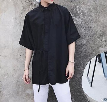 FINDSENSE Z1 韓國 時尚 潮 男 大尺碼 繫帶款 純色素面 短袖襯衫 五分袖襯衫 素面襯衫