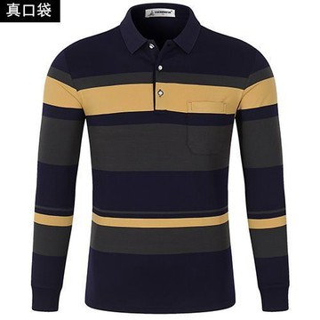 【秋冬新款 長袖Polo 工作服 寬鬆大碼 長袖t】新款高档纯棉长袖t桖男士翻领Polo衫中老年宽松真口袋上衣爸爸装