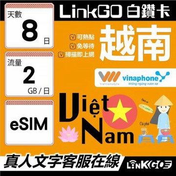 LinkGO白鑽卡 越南 eSIM卡 8天上網卡 每日2GB 雙電信 高速流量(越南網卡 下龍灣 峴港 胡志明市)