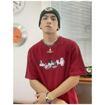 美式復古色hello手機印花短袖T恤情侶男女款小眾潮牌寬松半袖TEE