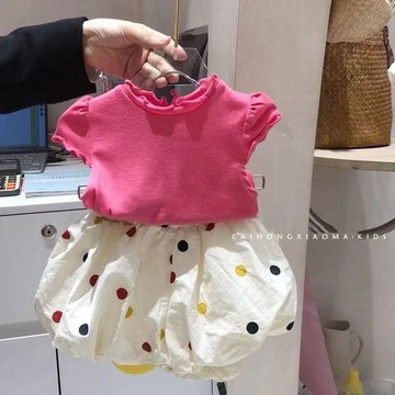 Mimo⭐女童夏季套裝純色木耳花邊短袖韓版彩虹圓點花苞褲夏裝兩件套
