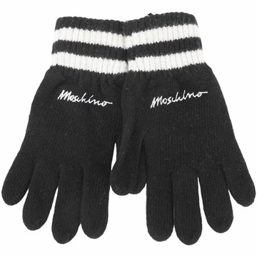 MOSCHINO 刺繡草寫字母條紋羊毛混紡針織手套(黑色)
