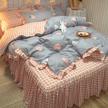 韓版床裙款四件套夏天 冰絲少女心 公主風花邊床單被套床上三件套