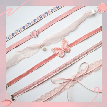 🔥臺灣出🔥跨境新品飾品少女頸帶粉色愛心吊墜頸鍊Choker項款鎖骨鏈蝴蝶項鍊