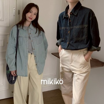 美木子｜長袖襯衫｜復古牛仔寬鬆襯衫 牛仔長袖襯衫【T10482】素面襯衫 翻領 薄長袖 牛仔外套 單排扣上衣
