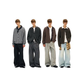 MADWITCH美式復古麻花紋羊毛混紡針織開衫男女寬松休閑萊賽爾外套