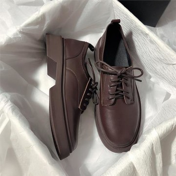 森嶼海巷2025新款真皮平底簡約小皮鞋系帶休閑圓頭單鞋復古樂福鞋