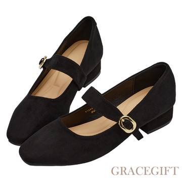 【Grace Gift】法式浪漫方頭一字帶芭蕾瑪莉珍鞋 黑絨布