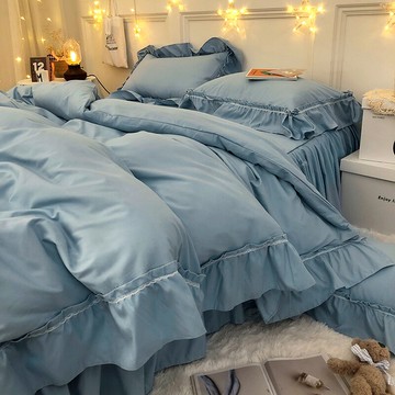 藍色公主風床單四件套春夏款床上三件套被套北歐風ins床裙款被罩4