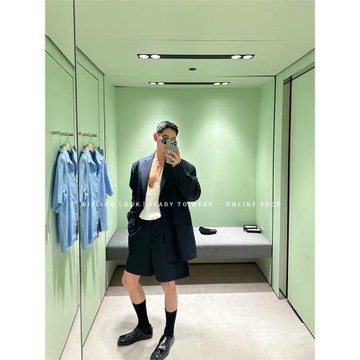 威廉威【多金男主】深邃藍豎紋襯衣袖廓形感西裝短褲套裝