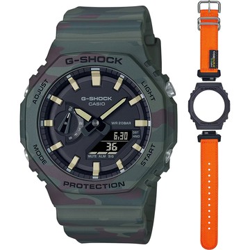 【CASIO】G-SHOCK叢林冒險者系列迷彩元素八角雙顯休閒錶-軍綠套組(GAE-2100WE-3A)