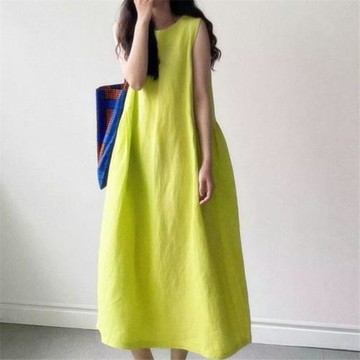 韓國chic無袖背心寬松顯瘦過膝連衣裙女2023夏季長款棉麻裙