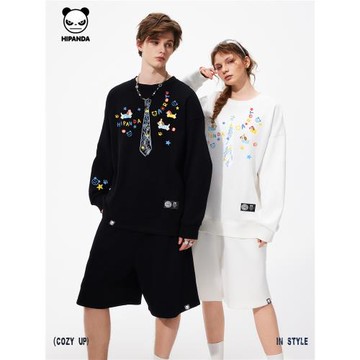 Hipanda你好熊貓日常趣味潮印花設計感圓領衛衣情侶2025秋季新款C