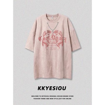 KKyesiou臟粉色美式街頭天使印花短袖T恤男女水洗項鏈ins情侶上衣